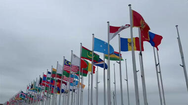 雨空にはためく国旗